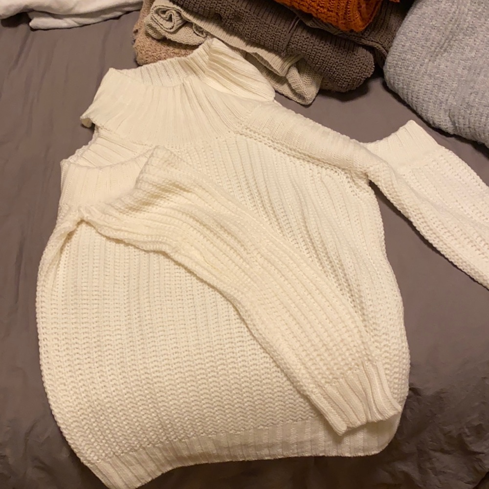 Elan white high neck open shoulder sweater